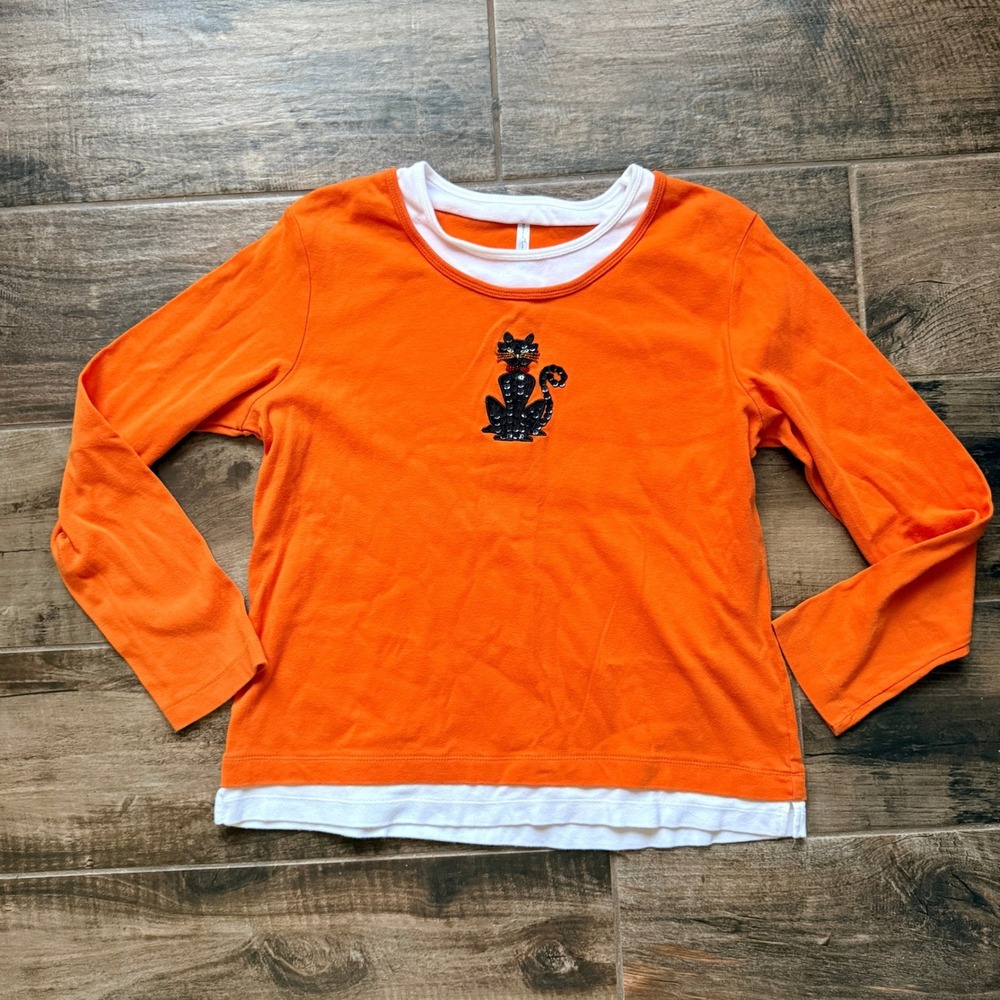 White Stag Halloween Sequin Black Cat Layered Long Sleeve Tee, Orange, L